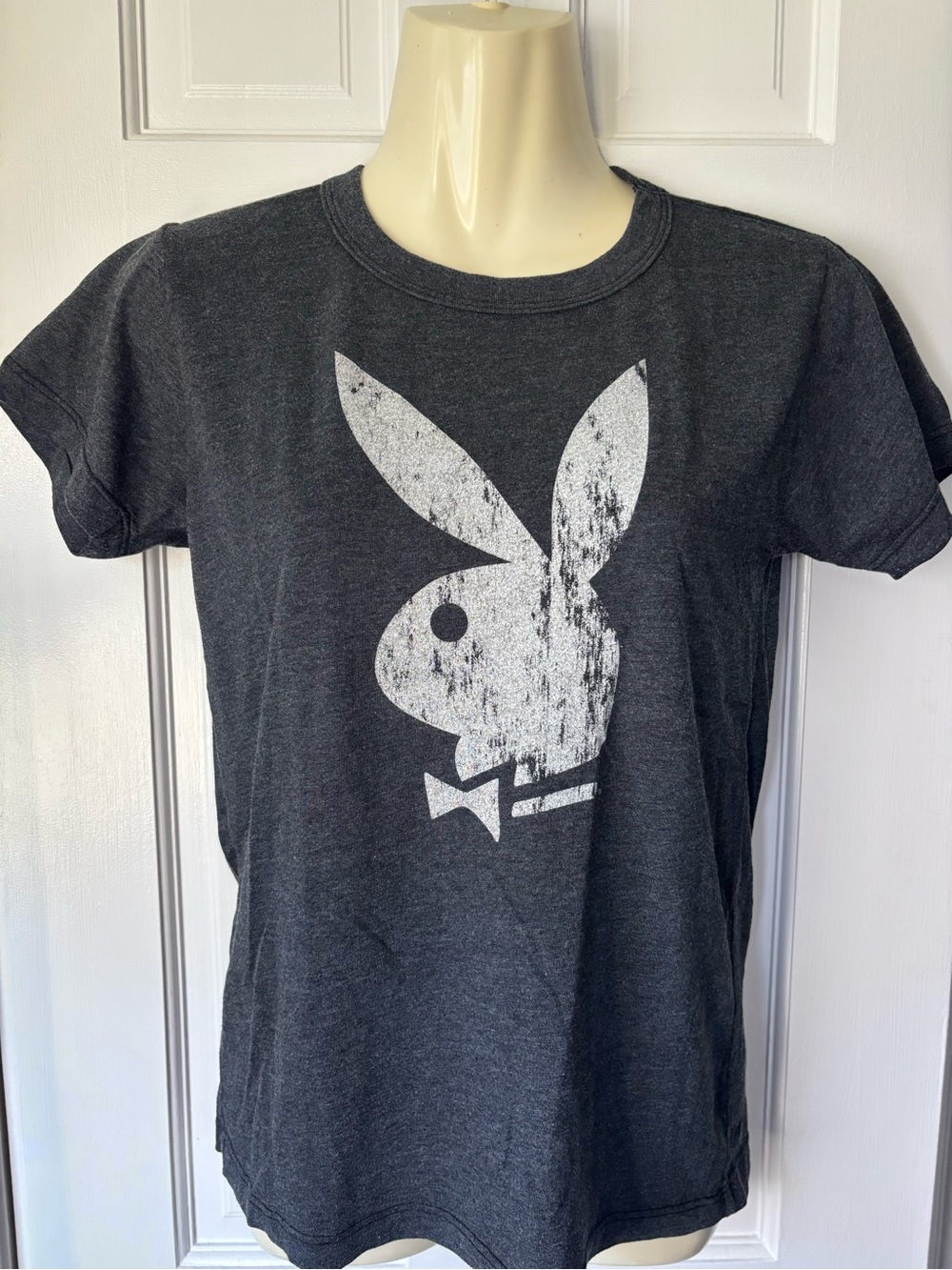 PLAYBOY Dark Charcoal Short Sleeve Tee with Distressed White Bunny